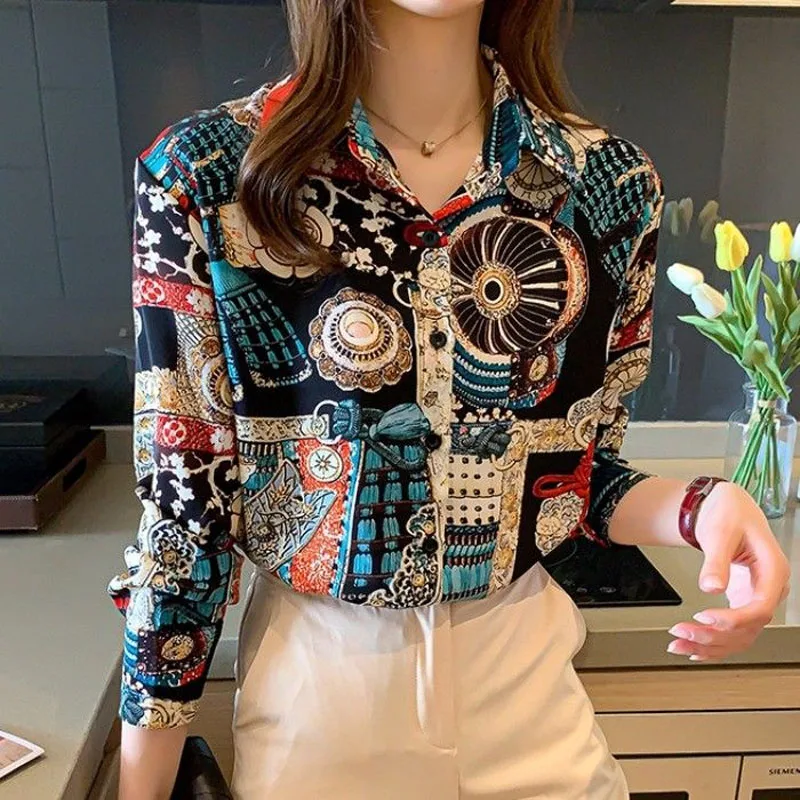 Vintage Folk Style Printed Shirt Fashion Women\'s Clothing Spring Autumn All-match Long Sleeve Button Turn-down Collar Blouse