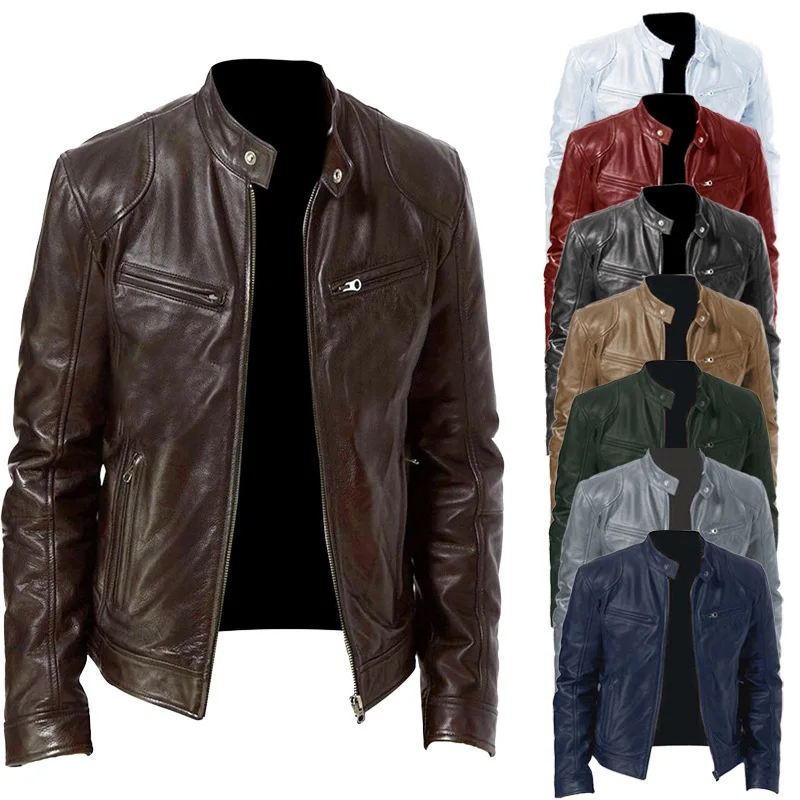 2024 Men\'s Leather Jacket Motorcycle Long Sleeve Coat Vintage Blazer Mens Jacket PU Leather 8 Colors