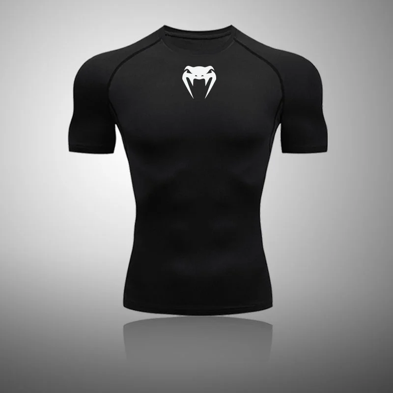 Running men\'s tight fitting shirt T-shirt short sleeved gym sports top black and white quick drying breathable MMA