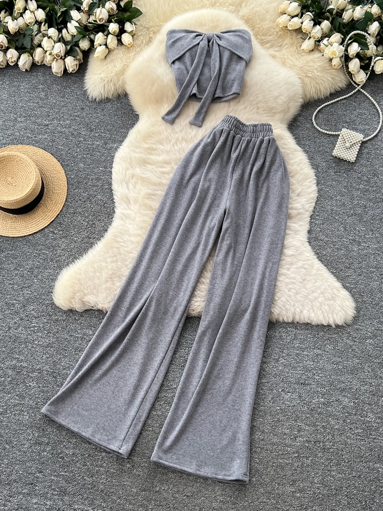 Set Celana Panjang High Waist Wide Leg Wanita dengan Atasan Bandeau Svel dan Rompi Kasual Berikat Model Drapey untuk Musim Panas