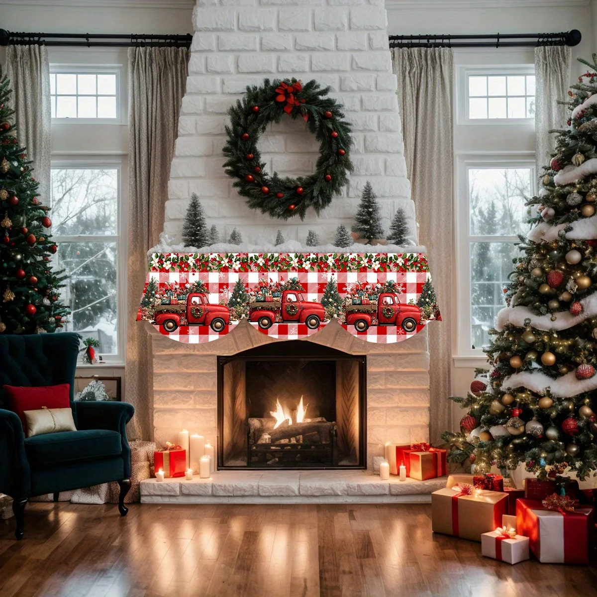 VIKAMA Christmas Fireplace Mantel Scarf Red Plaid Truck Mantel Topper Holiday Fireplace Shelf Cover Farmhouse Xmas Home Decor