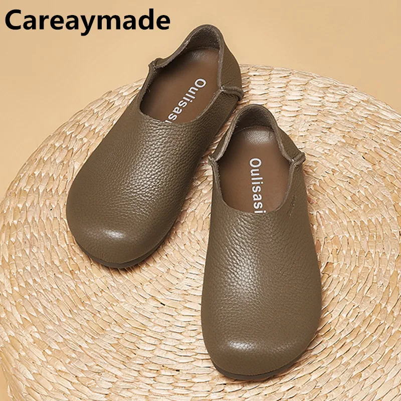 Careaymade-Genuine Leather big size pure handmade Women's shoes,Top Grain Leather One-Step Flats Soft Sole Lazy Mom's Shoes