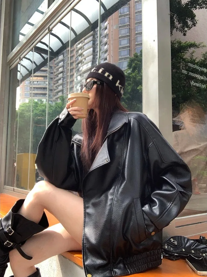 Retro Biker Jaet Damska Luźna Kurtka Długa Casualowa Narzutka Jesień 2025 Nowość Wszechstronna Wyszczuplająca Bluzka