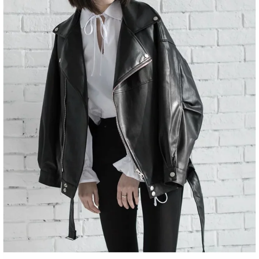 Jaqueta de motocicleta de moda coreana de tamanho grande feminina outono lapela solta com zíper cinto jaqueta de couro pu