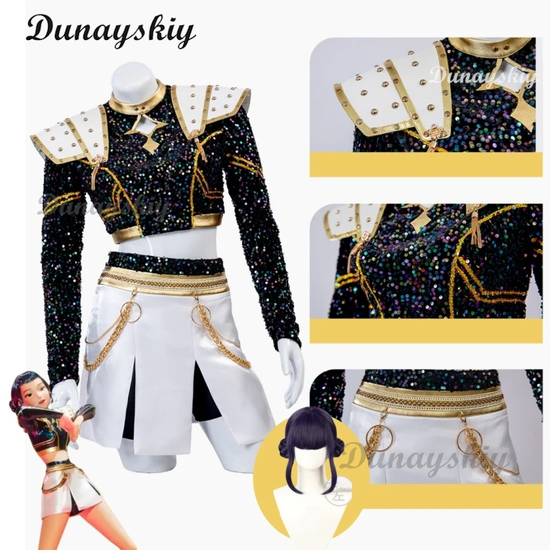 

Аниме KPop Охотники на демонов Зои Косплей Костюм Парик Пальто Юбка Шеи Одежда с кисточками Реквизит Охотница Платье для женщин Девочек Huntrix Party