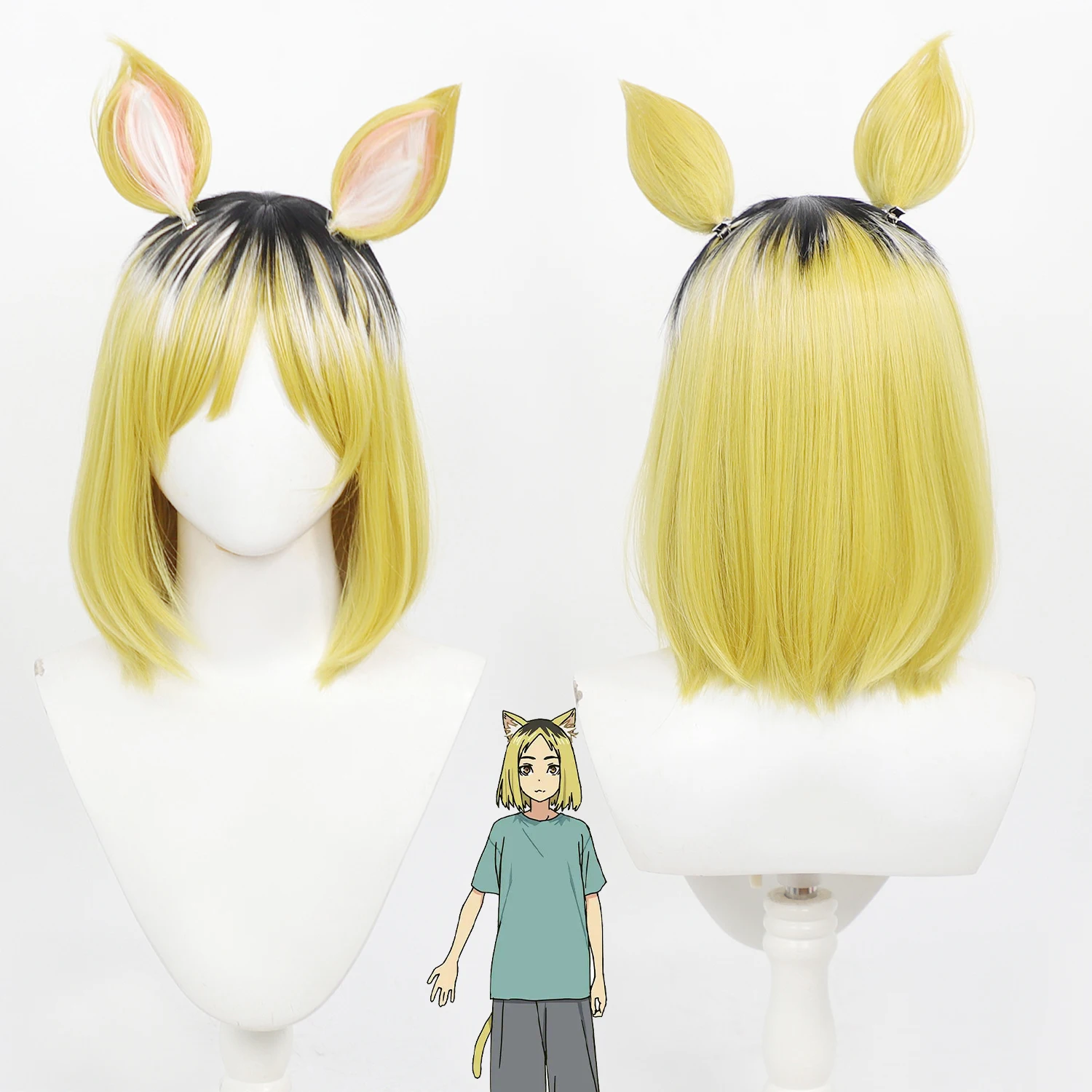 Chainsmoker Cat Yani Neko Cos Wig Black Yellow Gradient Synthetic Medium Wig Detachable Cat Ears For Anime Comic‑Con Halloween