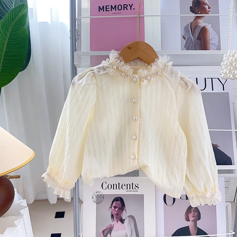 Blouses Girl Shirt Spring Autumn Pearl Underlay Lace Shirt Korean Children Clothing Tops Simple 2024 Button Simple Fashion