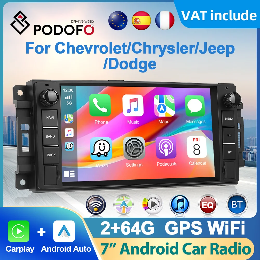 Podofo For Chevrolet Chrysler Jeep Dodge 7inch Car Stereo Radio Android 2+64G Carplay Android auto Radio WIFI GPS Stereo