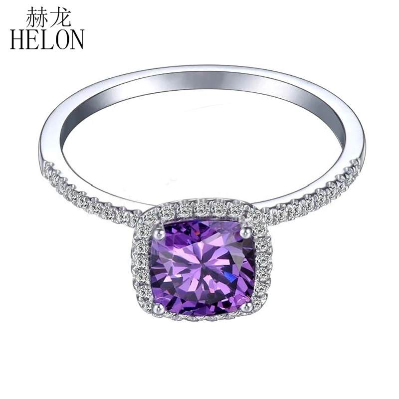 HELON Cushion 6x6mm Amethyst Women Ring Solid 14k 10K White Gold Natural Diamonds Fine Jewelry Engagement Wedding Ring Gift