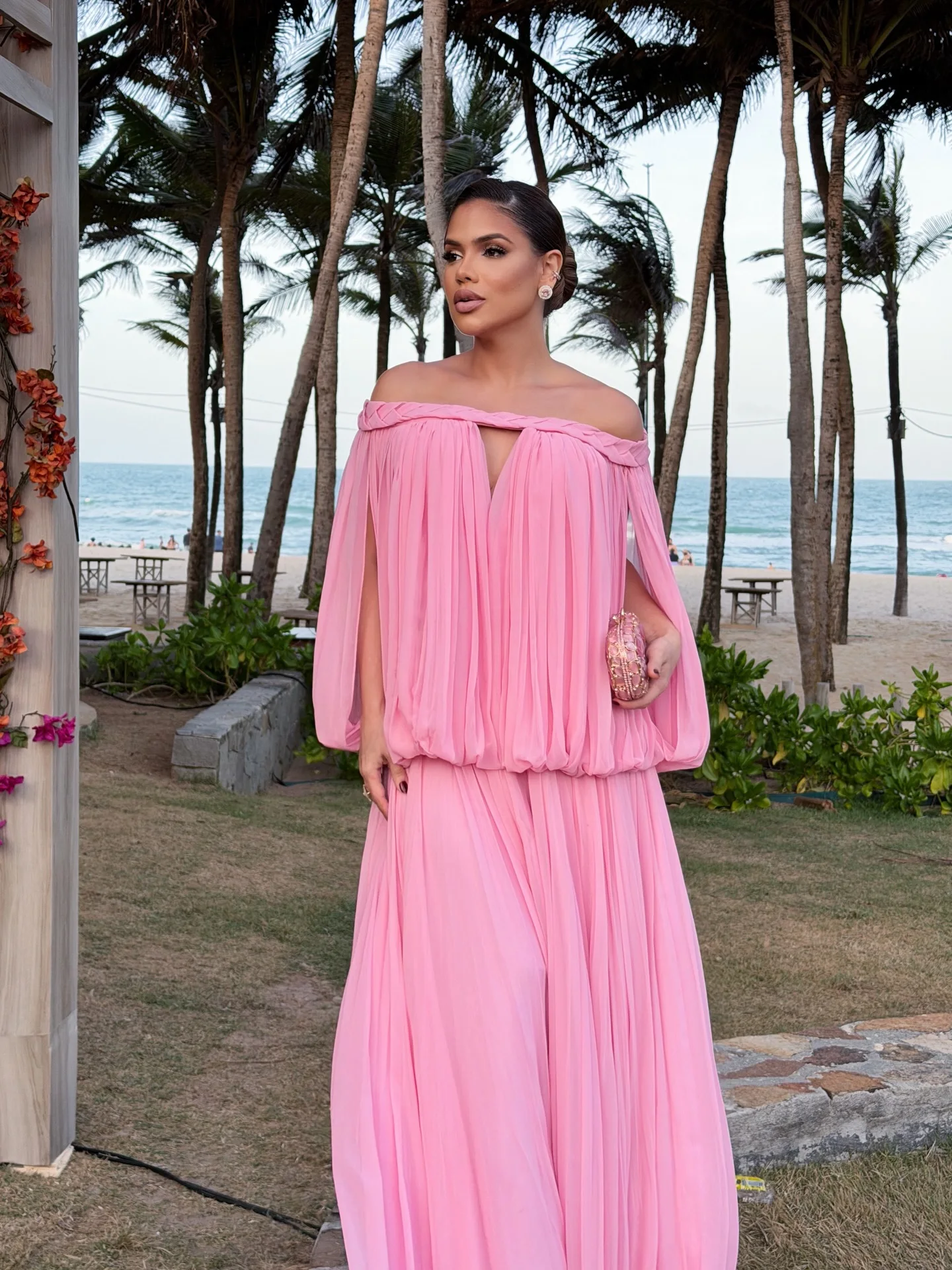 Robe de soirée plissée en mousseline de soie rose, épaules dénudées, robe de soirée de plage, printemps 2026