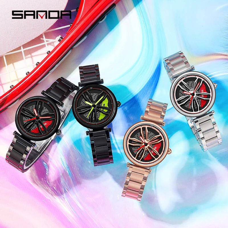 SANDA-reloj deportivo de acero inoxidable para mujer, cronógrafo de pulsera con llanta de coche, resistente al agua hasta 50M, nuevo diseño, 1074