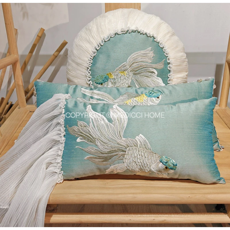 Medicci Home Exquisite Embroidery Gold Fish Throw Pillow Case With Pleated Fringe Luxury Handcrafted Cushion Cover Coastal Charm