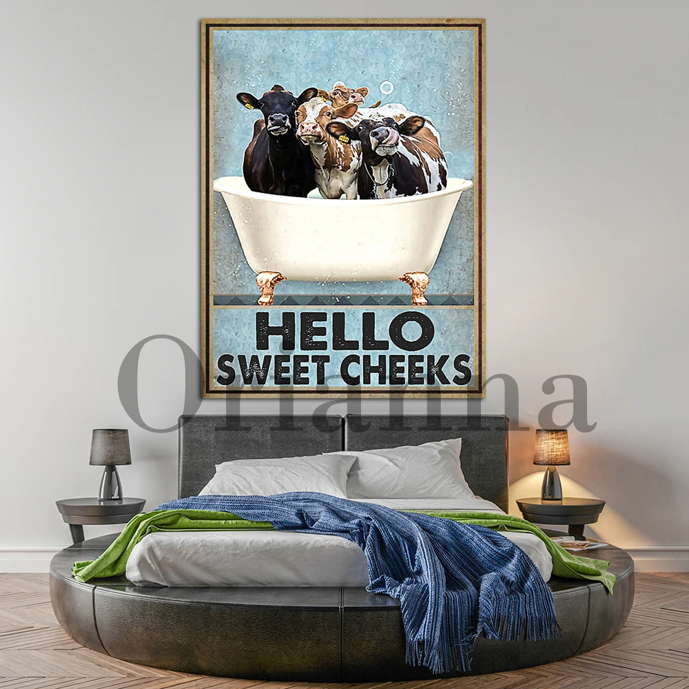 Modern Print Cow Hello Sweet Cheeks Canvas Poster, Funny Cow Butt Napkins Bathroom Painting, Vintage Print Home Bathroom Decor