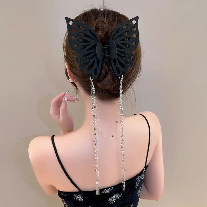 Long Tassel Butterfly Hair Clips for Women Headdress Temperament Elegant Hairpin Black Grab Clip Elegant French Hair Accessories