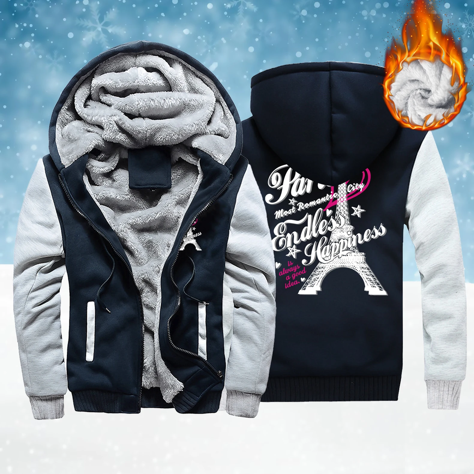 

Paris Most Romantic City Print Zipper Thicken Coat Man Casual Loose Hooded Street Fleece Clohing Unisex Winter Soft Jacket
