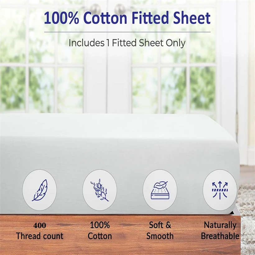 Soft Egyptian Cotton Fitted Bed Sheet with Elastic Bands Luxury 400TC 100% Cotton Mattress Cover Adjustable Durable Bed Sheets
