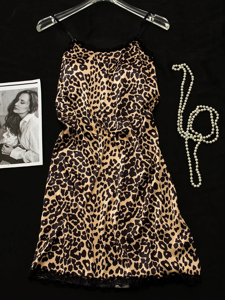 

DAIMELU summer nightwear sexy ice silk nightdress women lace with chest pad leopard print loungewear lady pajamas girl nightgown