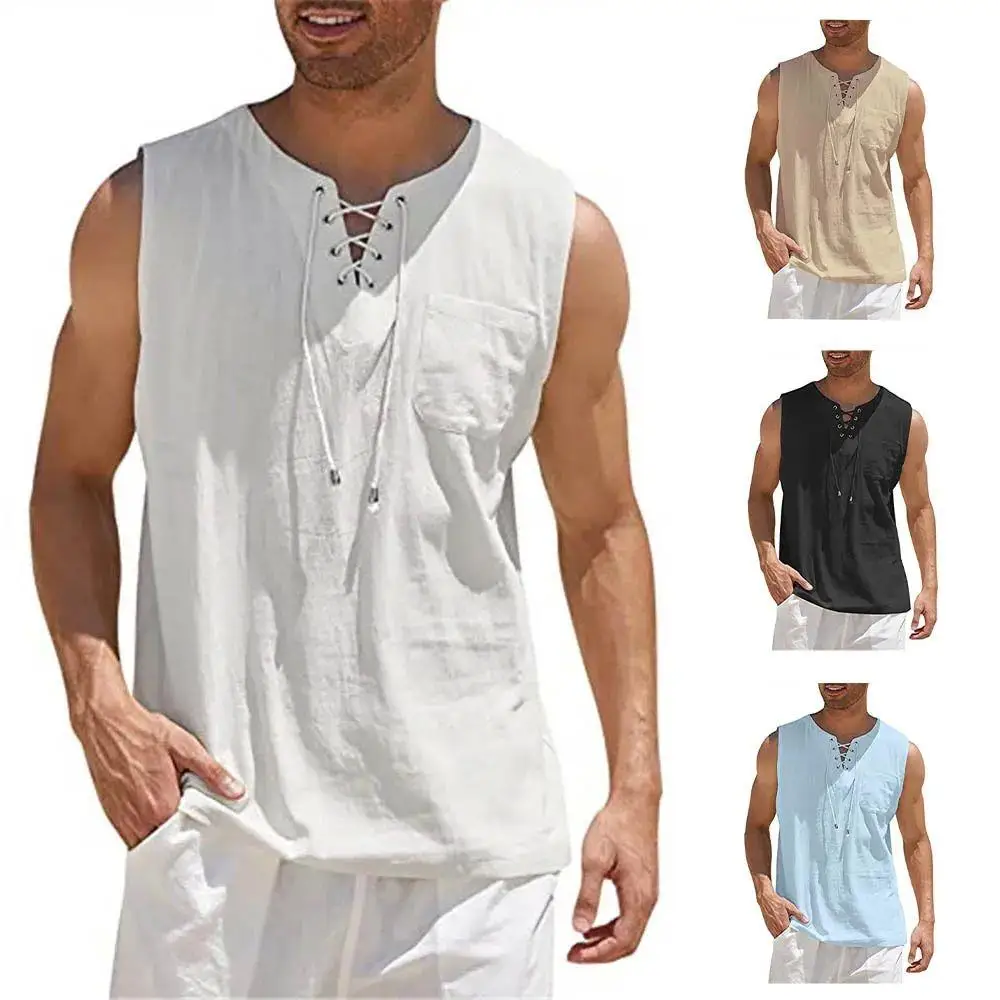 Men's Summer Linen Tank Top Sleeveless T-Shirt Laceup Design Youth Fashion Super Slim Fit Nine Sleeve Length Non-fading