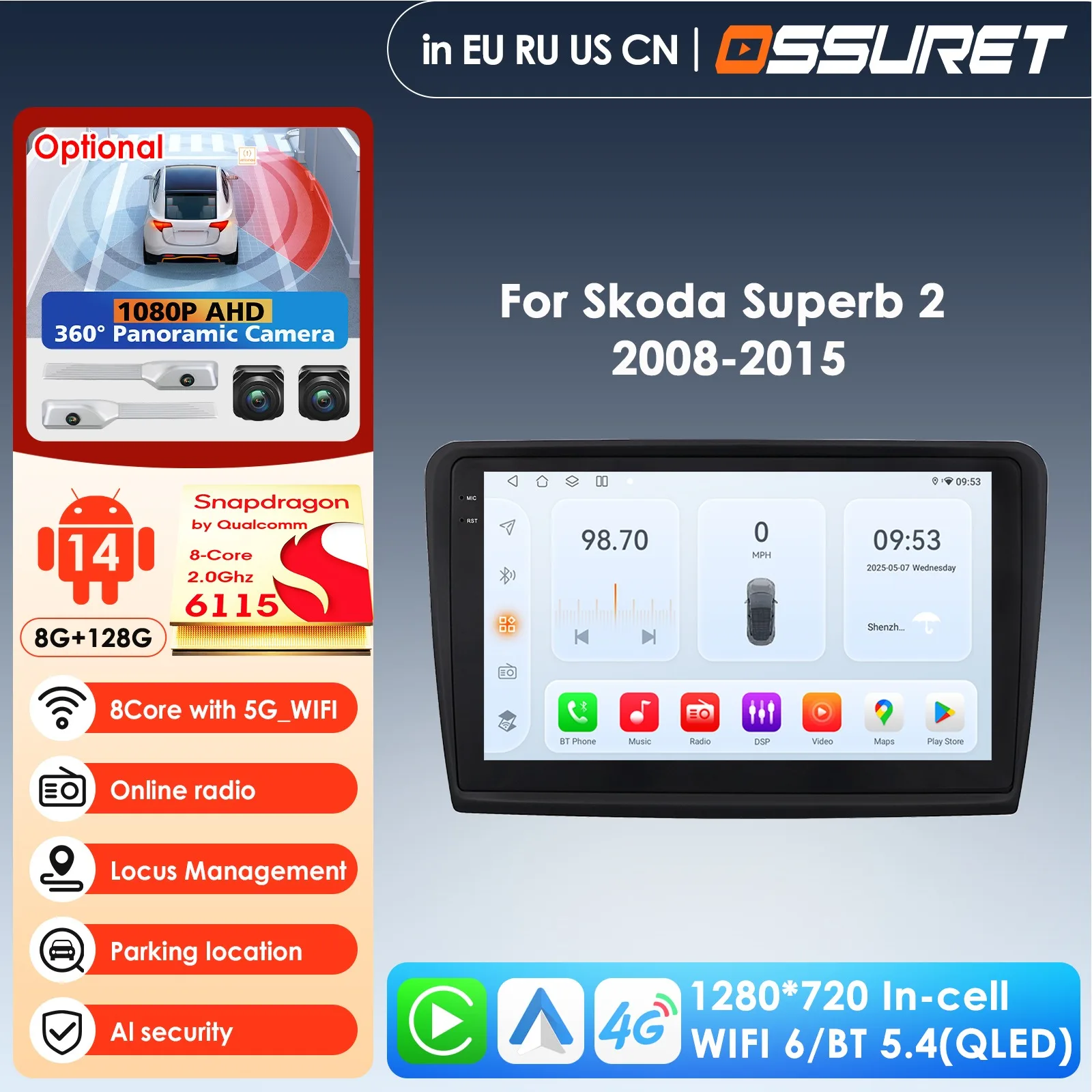 

10.1inch Screen by Qualcomm Snapdragon 4G LTE CarPlay Android Car Multimedia Player for Skoda Superb 2 B6 2008 - 2015 GPS Stereo