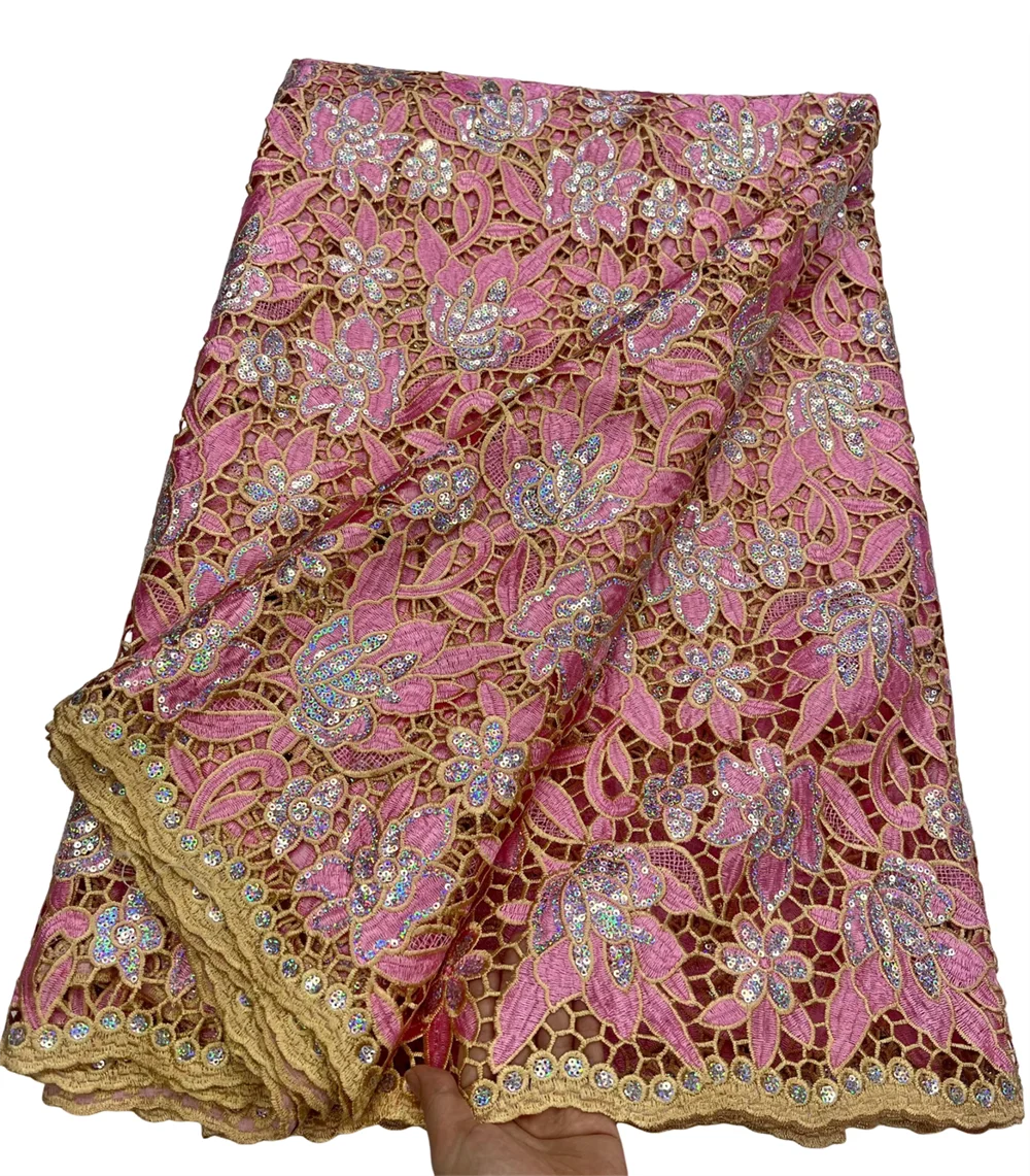 

Hot Bicolor French Sequins African Water Soluble Mesh Lace Fabric High Quality Nigeria Net Lace Fabric For Women Party Wedding