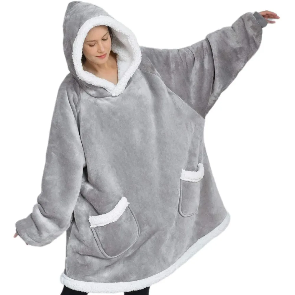 Winter Warm TV Blanket with Sleeves Big Pocket Fleece Family Sherpa Hoodies Oversized Flannel Soft Hooded Robe Blankets