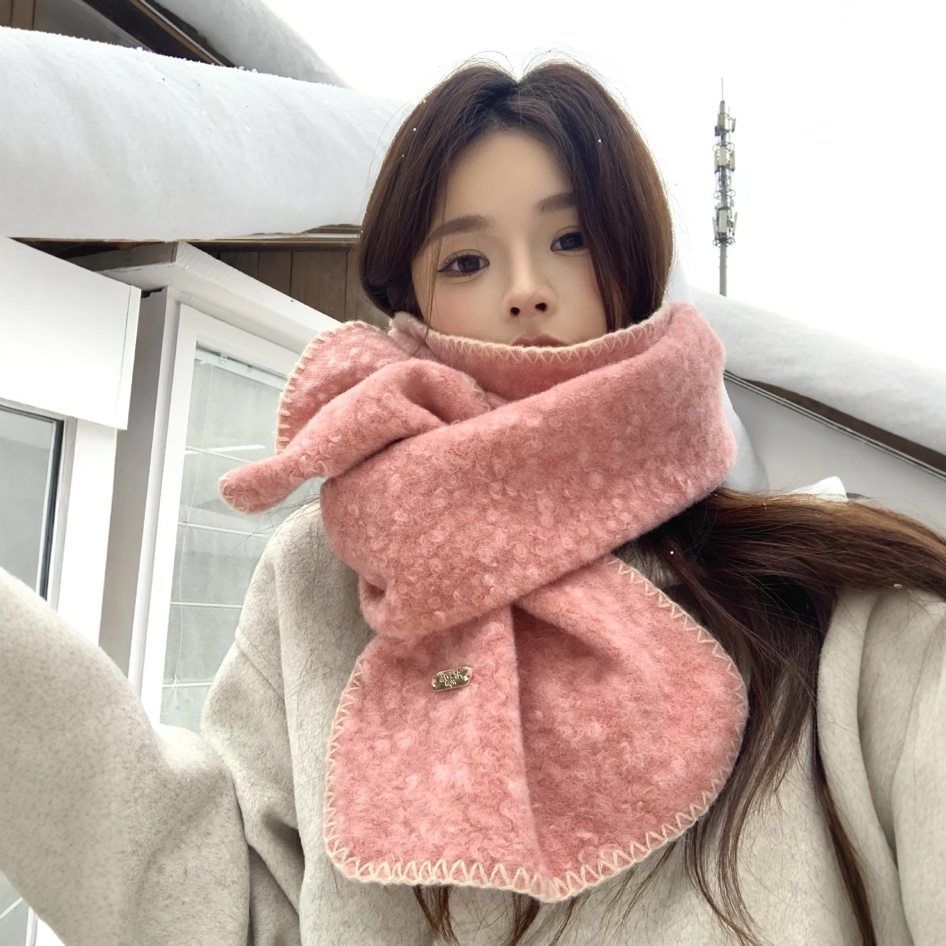 2025 Fashion Korean Women Scarf Winter Soft Warm Thick Beige Shawl with Hemming