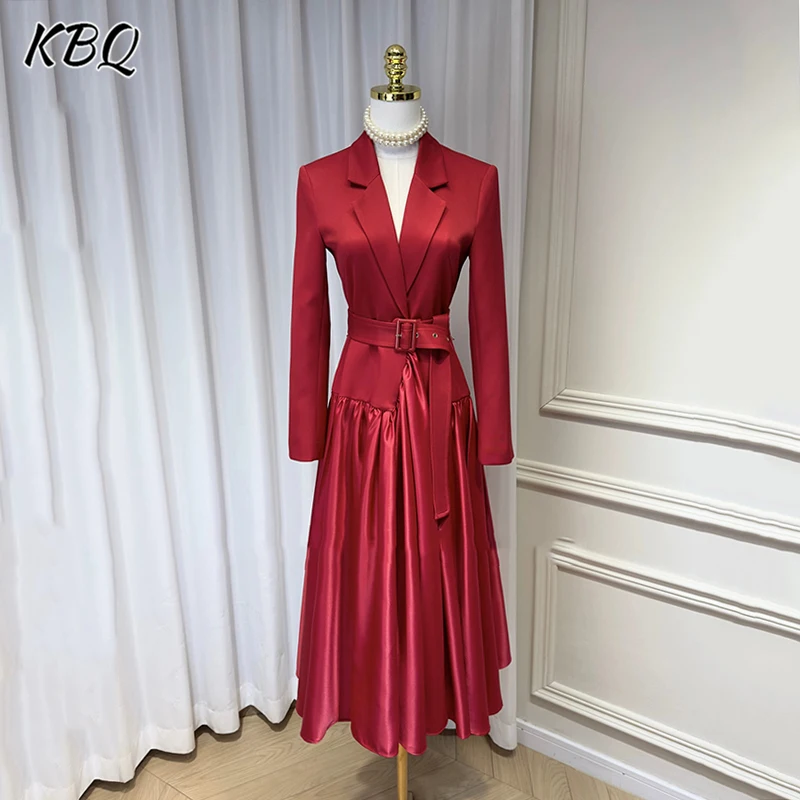 

KBQ Solid Patchwork Belt Temperament Dress For Women Notched Collar Long Sleeve High Waist Deaigner Derss Female Fashion Style