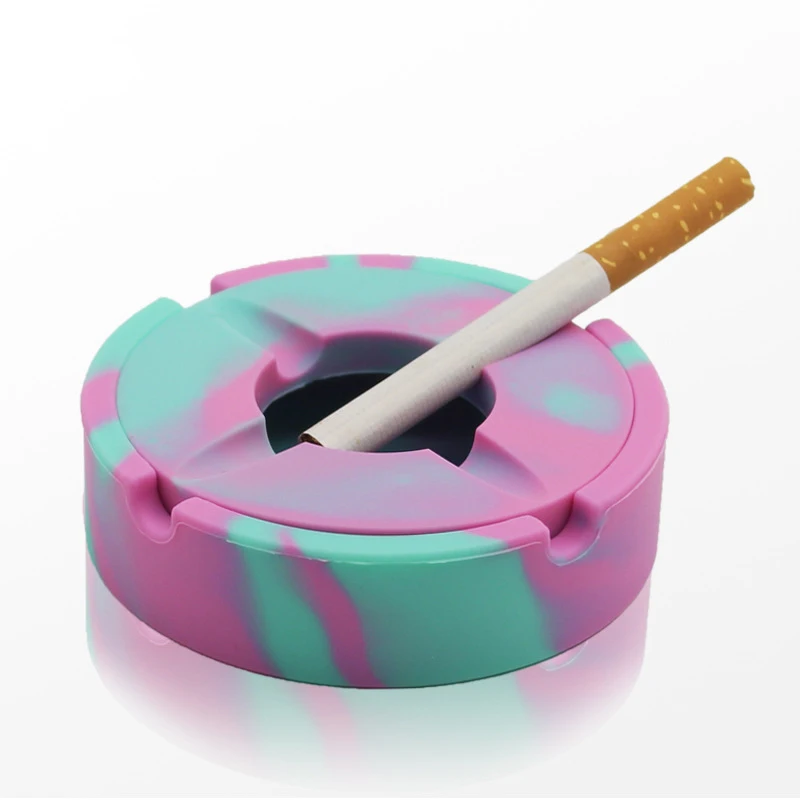 Round Food Grade Silicone Ashtray with Lid, Windproof Ash Tray for Cigarette