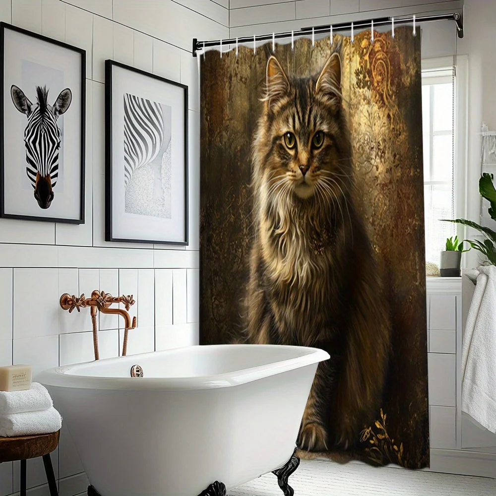 Cortina de Ducha con Estampado de Retrato de Gato Maine Coon Vintage, Impermeable, Resistente al Moho, Tela de Poliéster con Ganchos de Plástico Gratis, Fácil de Instalar