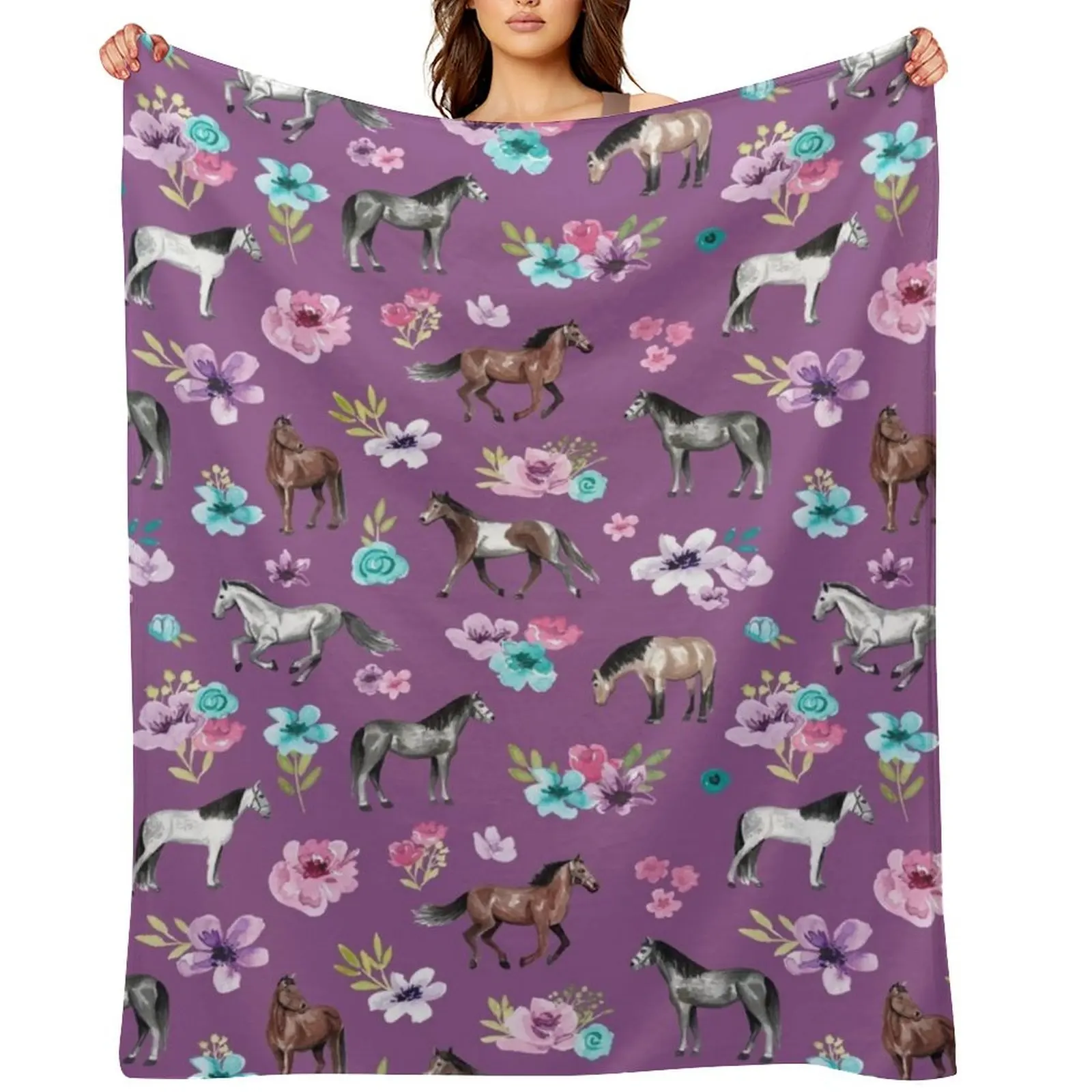 

Horse Pattern, Floral Print, Horse Love, Wild Horses and Flowers, Purple Throw Blanket Decoratives Soft Big Cute Blankets