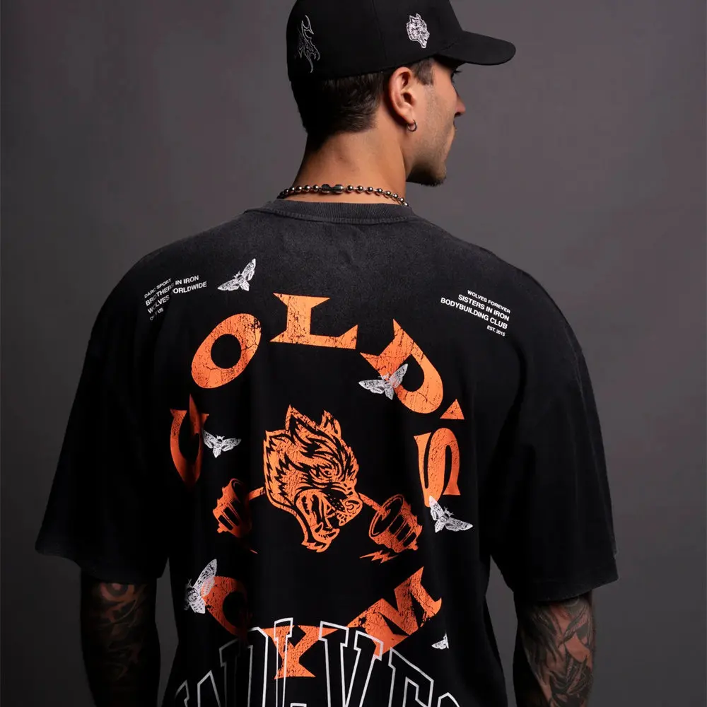 GYM Collaboration Fitness American Trendy Brand Wolf Head Print Pure Cotton Round-neck Couple T-shirts