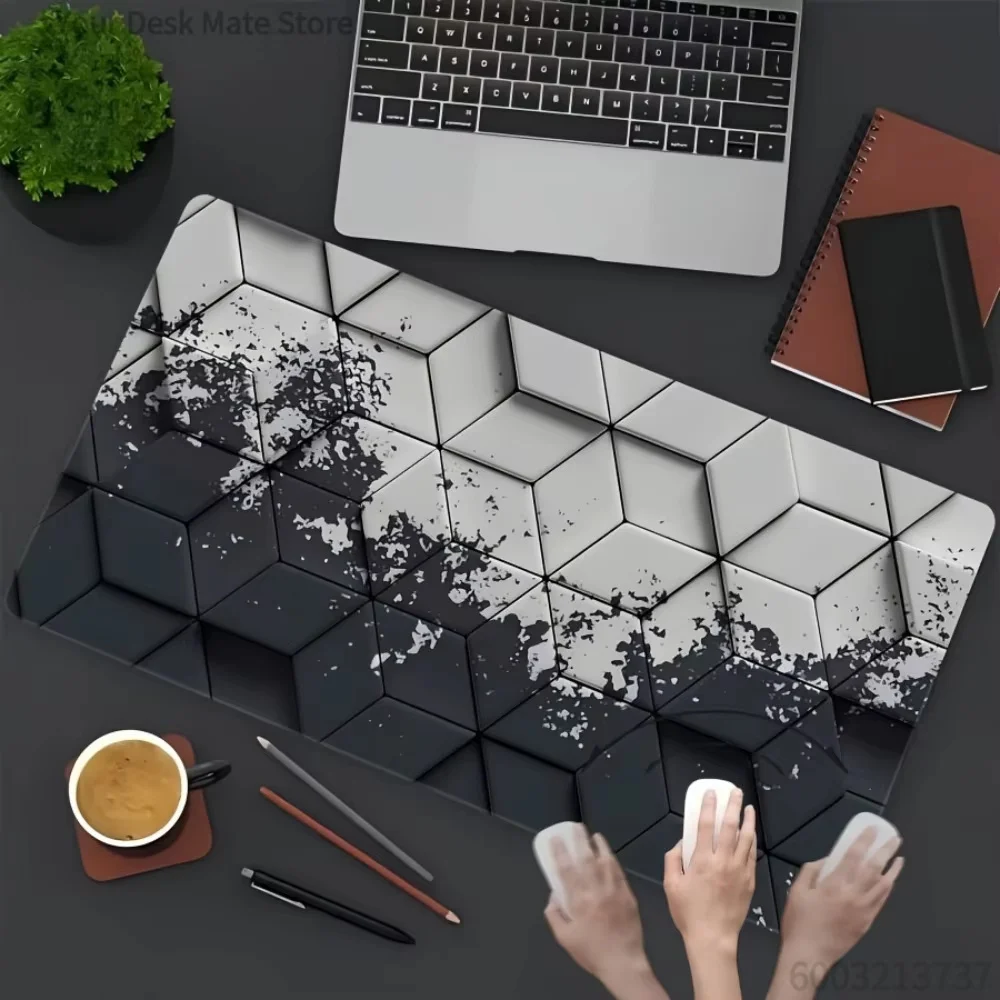 Black White Hexagon Geometric Gaming Mouse Pad, Abstract Ink Splash Texture Waterproof Stitched Edge Full Desk Mat