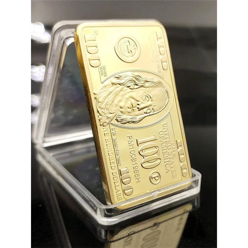 USA 100 Dollar Gold Tone Commemorative Souvenir Bar Metal Coin 1Pcs With Gift Box For Collection