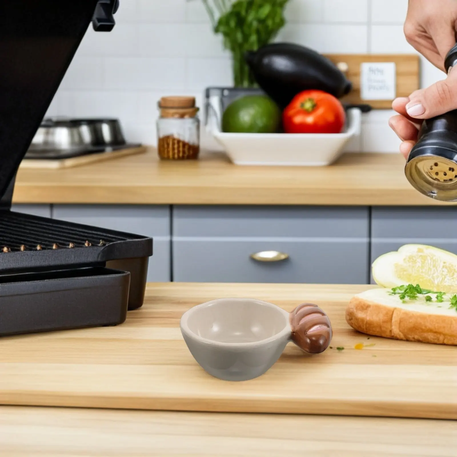 Kleine Keramik-Saucenschale mit Baguette-Griff, Dip-Schüssel für Snacks, Vorspeisen, Gewürze, Servierteller für Zuhause und Restaurant