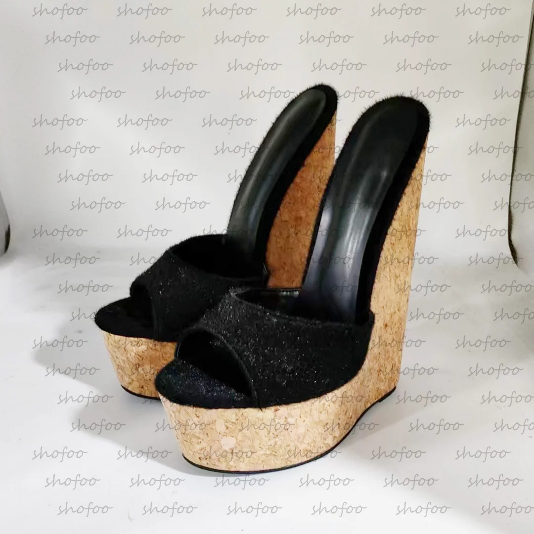 Buty SHOFOO moda damska wysoka klapki na obcasie. Jasny jedwab sierść konia. Około 20 cm wysokości pięty. Kliny na obcasie slipper.34-46