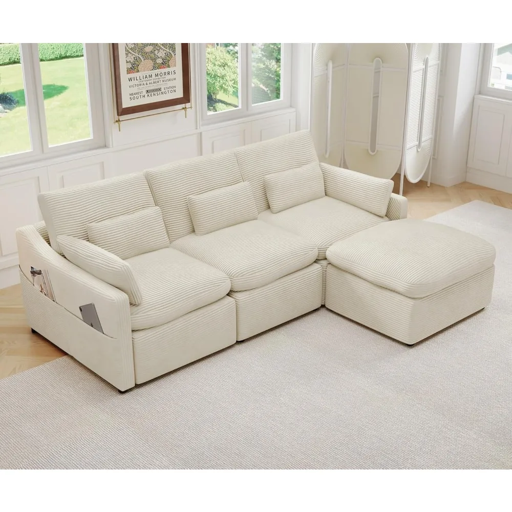 

Modular Sectional Sofa, 95.27" L Shaped Couch with Corduroy, Convertible 4 Seat Cloud Couch with Ottoman, Beige Oversized