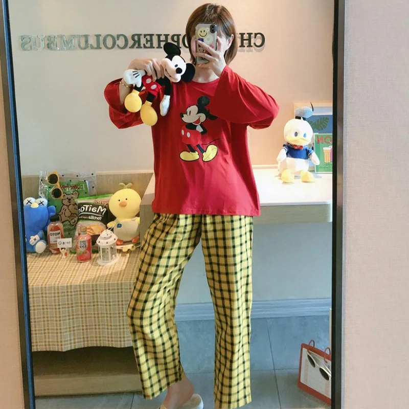 Cartoon Mickey Minnie Disney  Donald Duck Print Women's Pajamas Spring Autumn Long Sleeve Pants Plaid Thin Homewear Set Pajamas