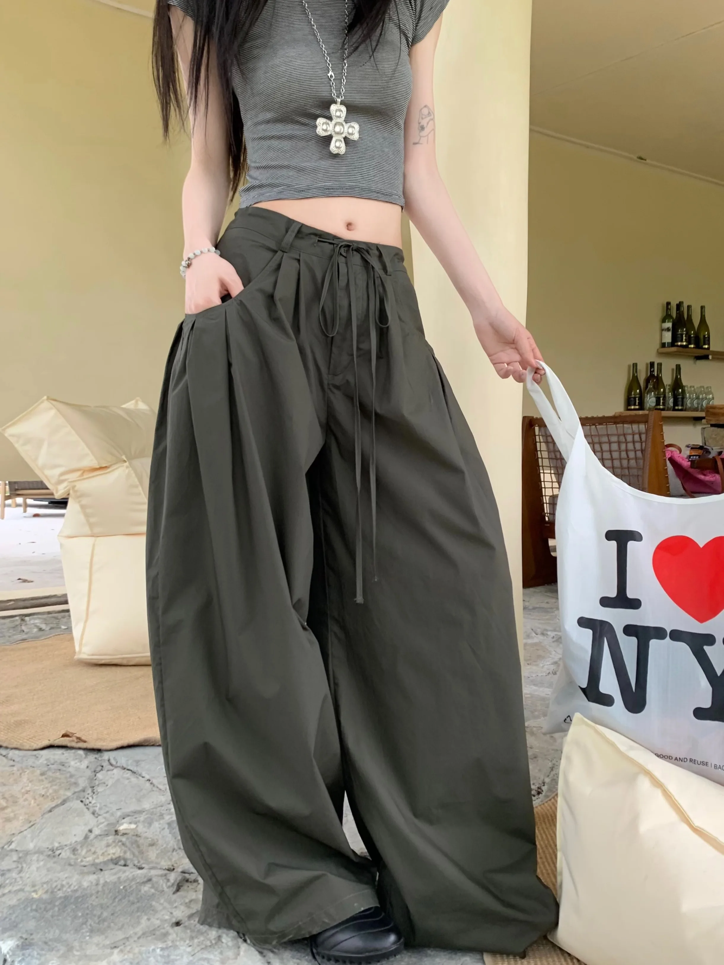 

Retro Drawstring Military Green Cargo Pants For Women Low-waist Trendy Casual Wide-leg Pants Summer Black Floor-length Trousers