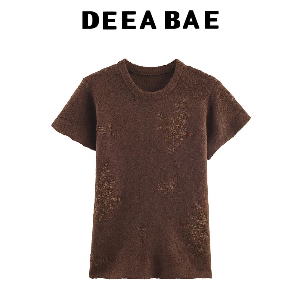 

DEEABAE Winter new women's clothing French design relaxed style round neck bead embellished short sleeved knitted sweater