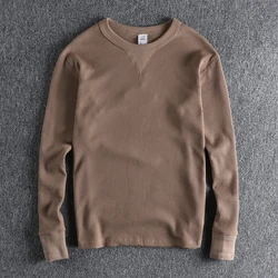 Autumn and Winter New American Retro Long Sleeve O-neck 260g Waffle Knitted T-shirt Men's Fashion Simple Casual Bottoming Tops