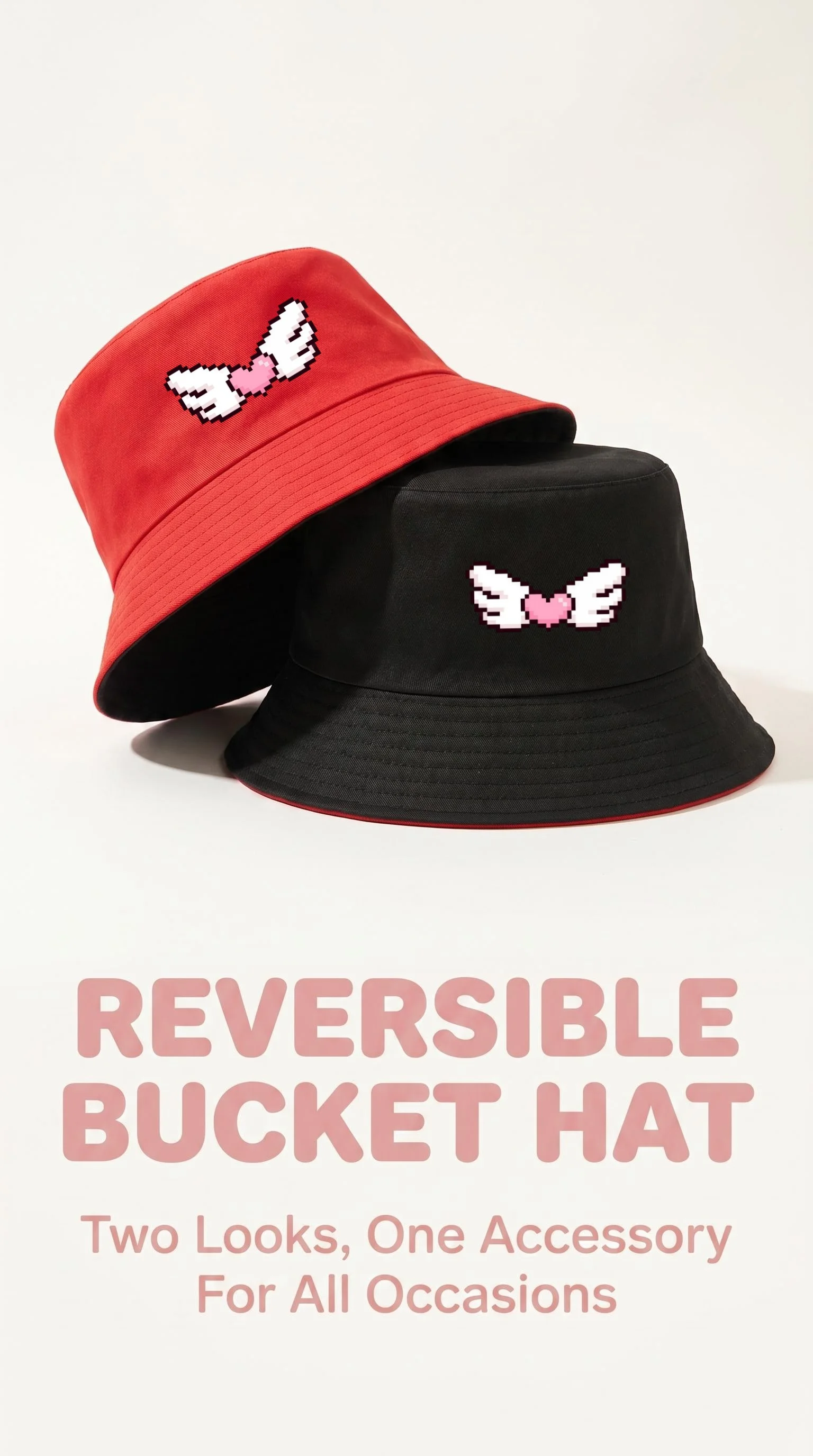 1PC Double Sided Fisherman Hat Cute Angel Wing Heart Print Foldable Outdoor Hat