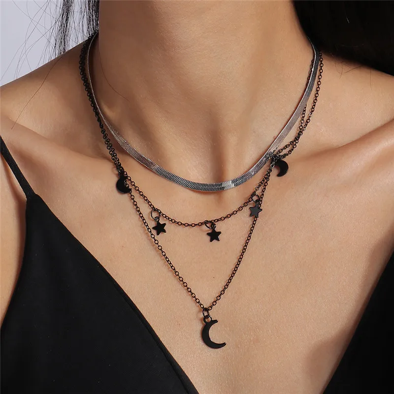 

Aihua Vintage Steampunk Black Moon Stars Pendant Necklace for Women Men Multi Layer Necklace Choker Trendy Party Jewelry Gifts