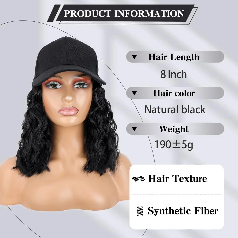 Hat Wig for Women Short Wave Baseball Cap with Curly Hair Extensions Synthetic Wave Adjustable Baseball Hat Wig