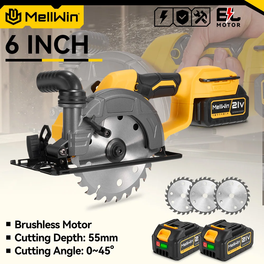 MELLWIN 150 мм 6-дюймовая бесщеточная циркулярная пила ручная многофункциональная электрическая пила электроинструмент подходит для 21 В 18 В аккумуляторных контактов