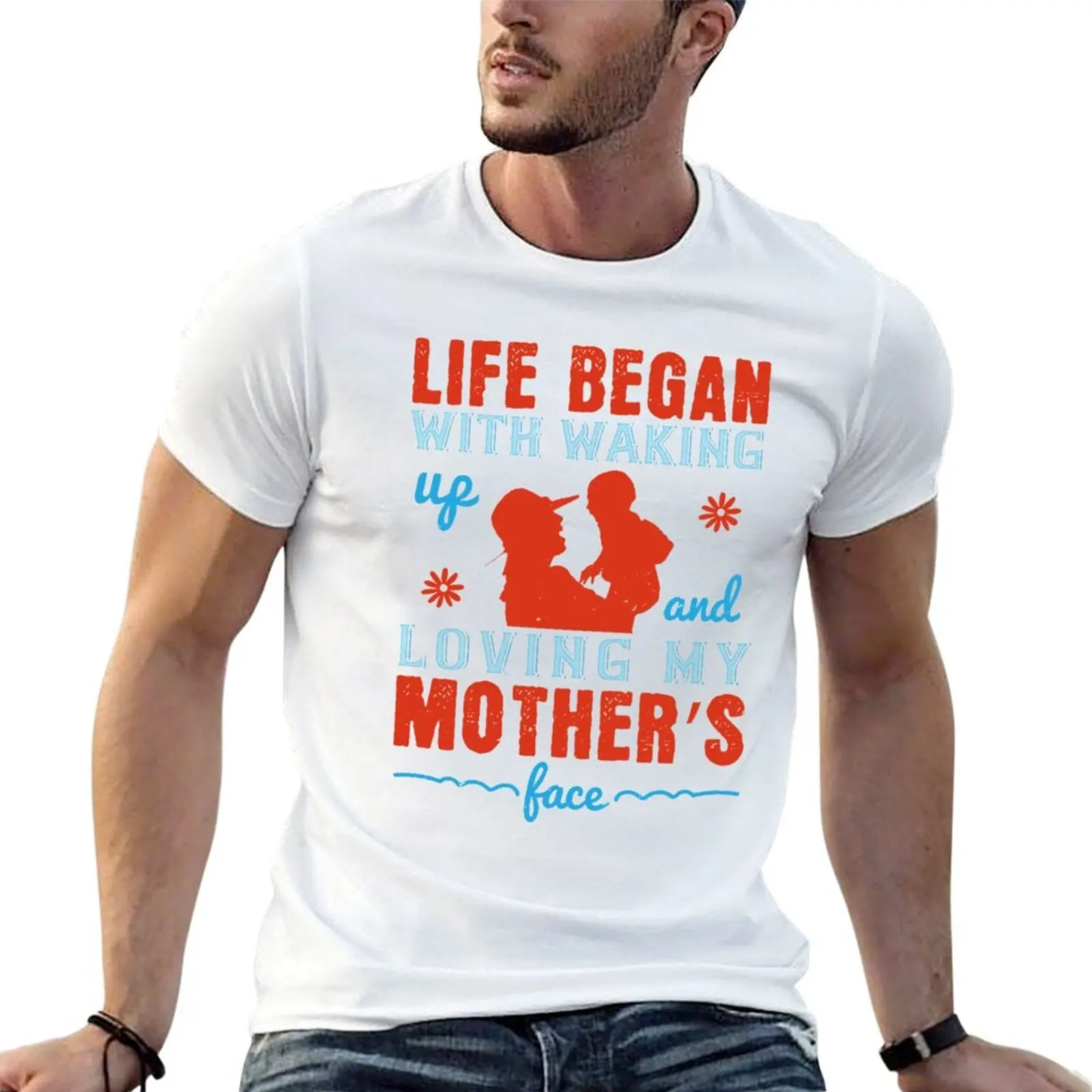 Camiseta con estampado personalizado de algodón negro liso para hombre, con la frase 'El día de la madre: Mi vida comenzó con amar el rostro de mi madre'