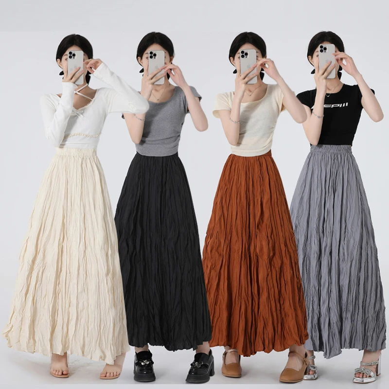 Solid Color Pleated Skirt Women Casual Long Skirt Spring Summer Elastic High Waist Pleated Black White A-LINE Party Skirts