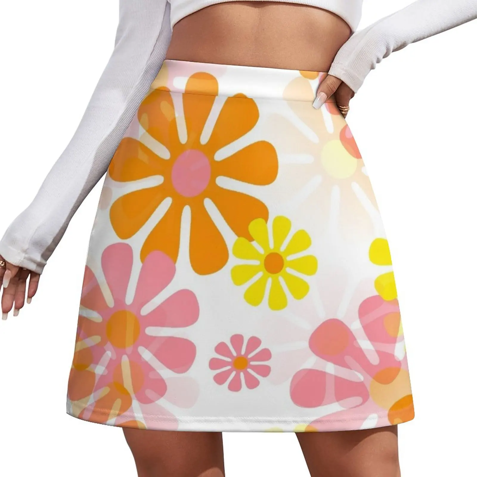 

60's Retro Groovy Mod Flowers In Pink, Orange and Yellow Mini Skirt Short skirts womens skirts