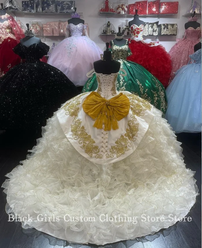 Weiße Quinceanera-Ballkleider aus Spitze, elegante Applikation, ohne Knochen, Korsett, Rüschen, mexikanische Prinzessin, Vestidos de 15, Quinceañera Custom