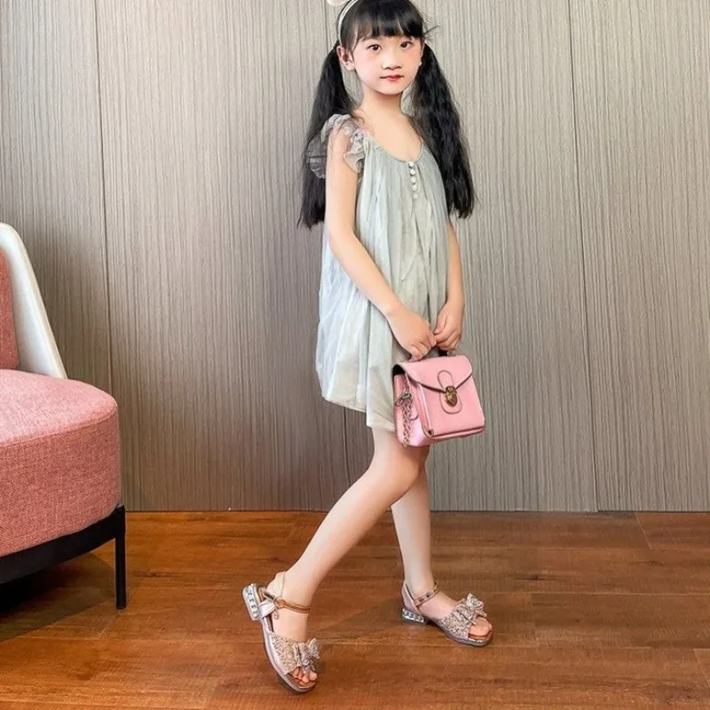 2026 New Korean Style Girls Summer Sandals Rhinestone Bow Princess Crystal Shoes