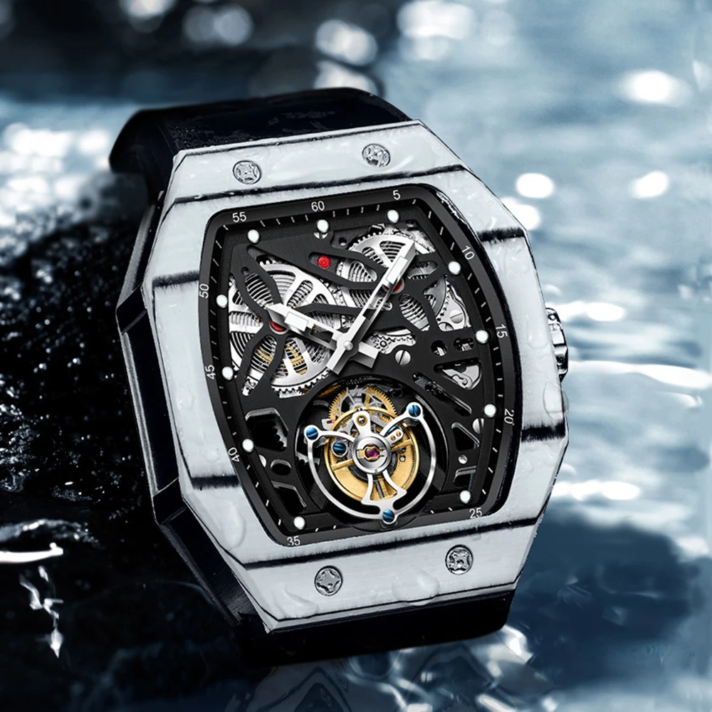 AESOP Flying Tourbillon Watch For Men Carbon Fiber Bezel Mechanical Waterproof Men Watches Top Quality Skeleton Male Clock 2023